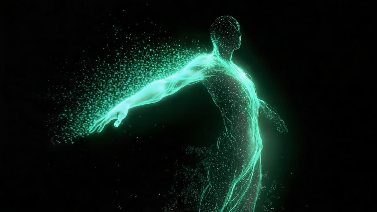 A captivating visual representation of an ethereal figure made of glowing particles, depicting the essence of energy, transformation, and movement against a dark, minimalist backdrop, showcasing beauty and fluidity