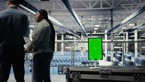 green screen tablet in server room in front of admins optimizing ai systems