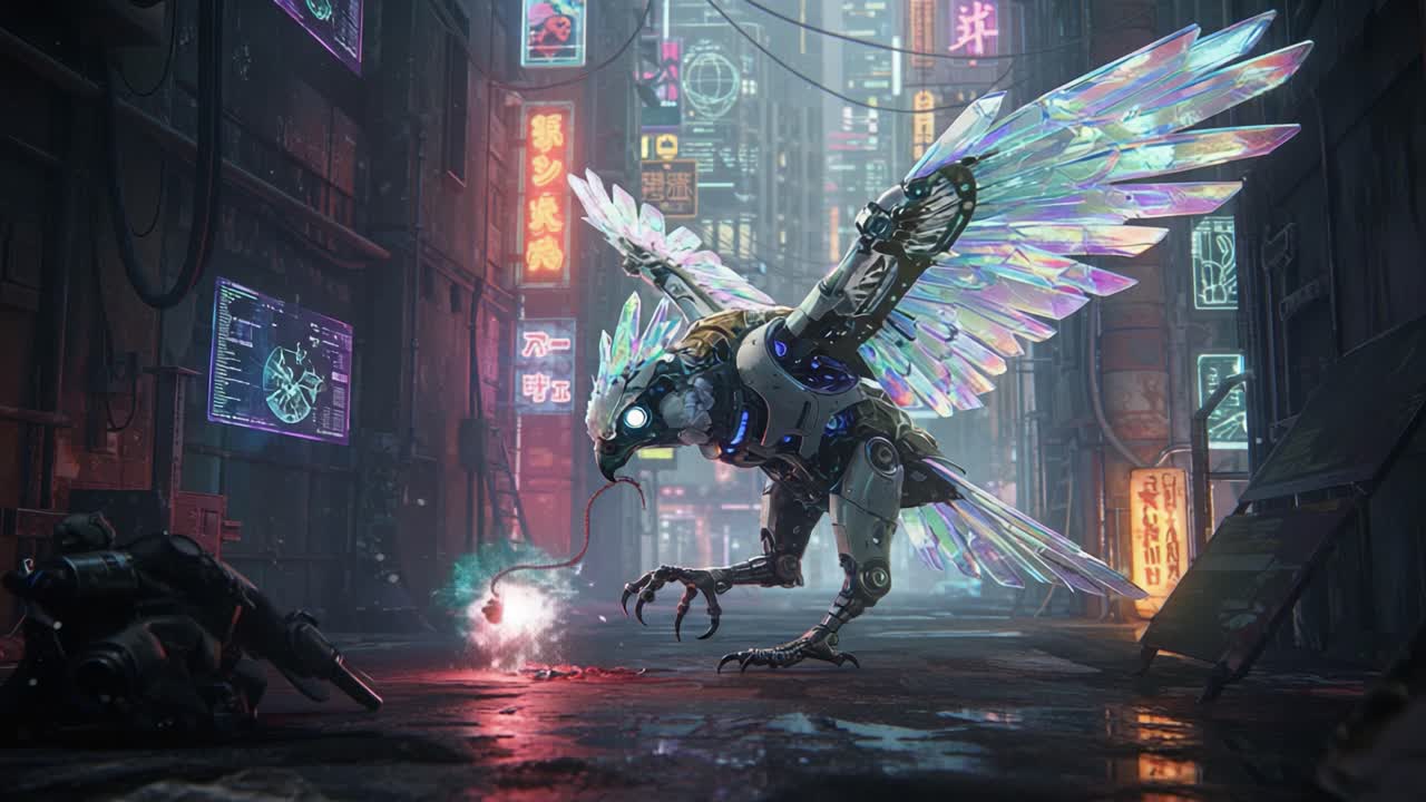 Futuristic Cybernetic Bird: A Captivating Encounter in a Neon-Lit Urban Jungle, Featuring an Awe-Inspiring Mechanized Avian with Crystalline Feathers and High-Tech Designs