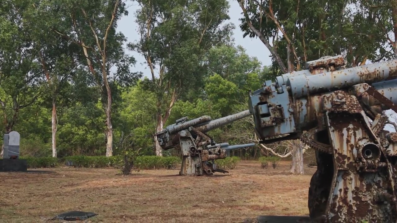 Fila di cannoni d'artiglieria storici, arma militare arrugginita, vista paesaggistica della giungla, Isola di Corregidor, Manila