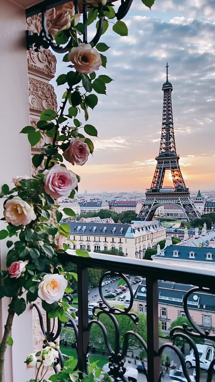 Vista dal balcone parigino della Torre Eiffel al tramonto con rose
