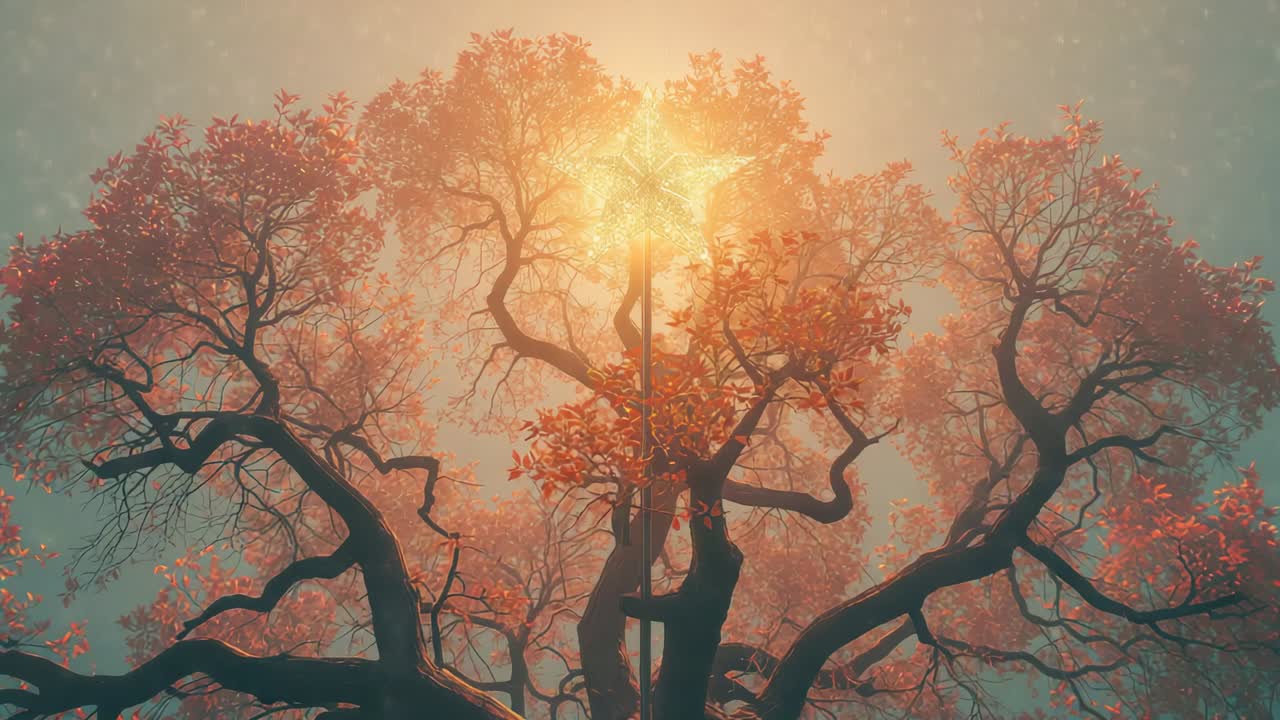 Pulsing star-shaped light atop tree illuminating red leaves in misty clearing, drifting particles