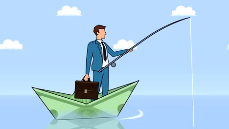 flat cartoon businessman character fisher with fishing rod floating on dollar paper boat finance businesss concept animation