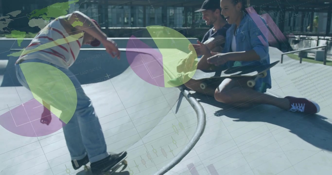 Jovens skatistas com sobreposições de dados digitais em pista de skate urbana.