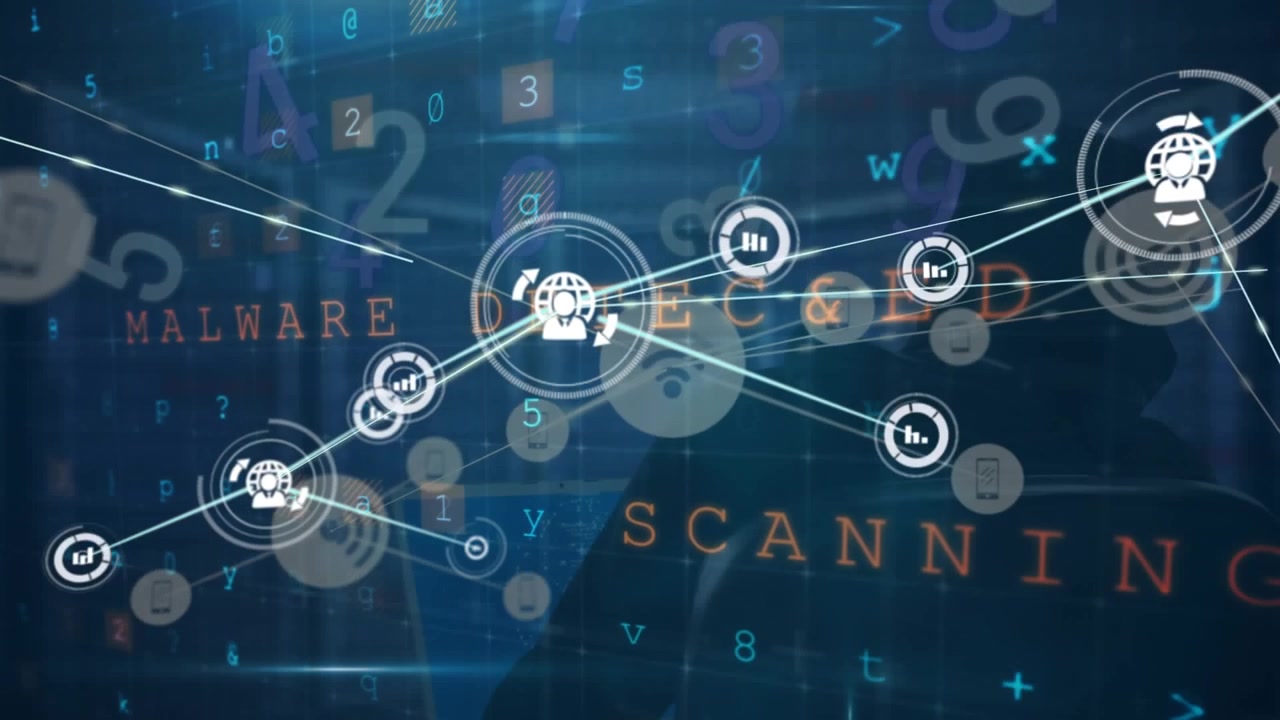 Animation of network of connections with icons and data processing over server room and hacker