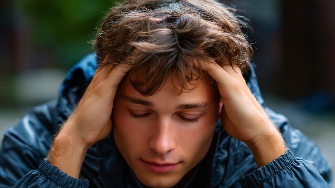 Una profonda riflessione: un giovane assorto nei suoi pensieri esprime emozioni attraverso il linguaggio del corpo e le espressioni facciali, catturando l'essenza del turbamento interiore e della riflessione