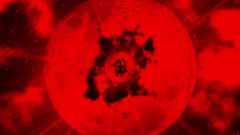 spiritual journey of meditating man in lotus yoga position seated in the center of a a red abstract animation with moon and stars