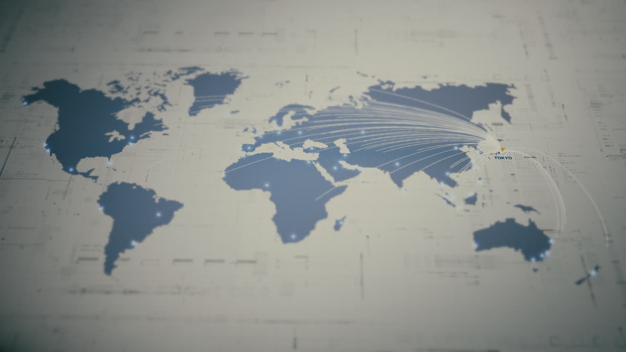 Globalt forretningsnetværkskort med glødende dataforbindelser, verdensomspændende forbindelse, logistikruter, sikker kommunikation, cloud-infrastruktur, big data-teknologi: Tokyo, Japan.