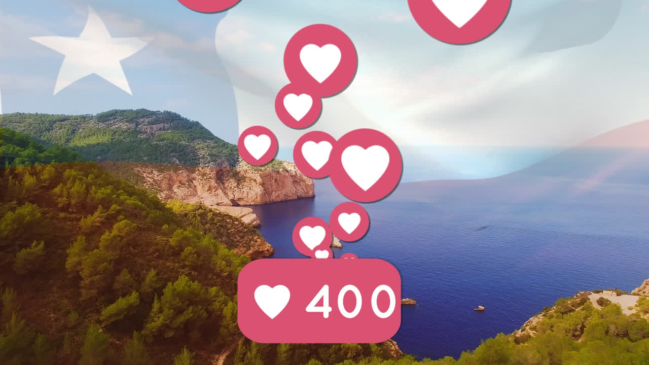 animación de iconos de los medios sobre la bandera de chile y el paisaje