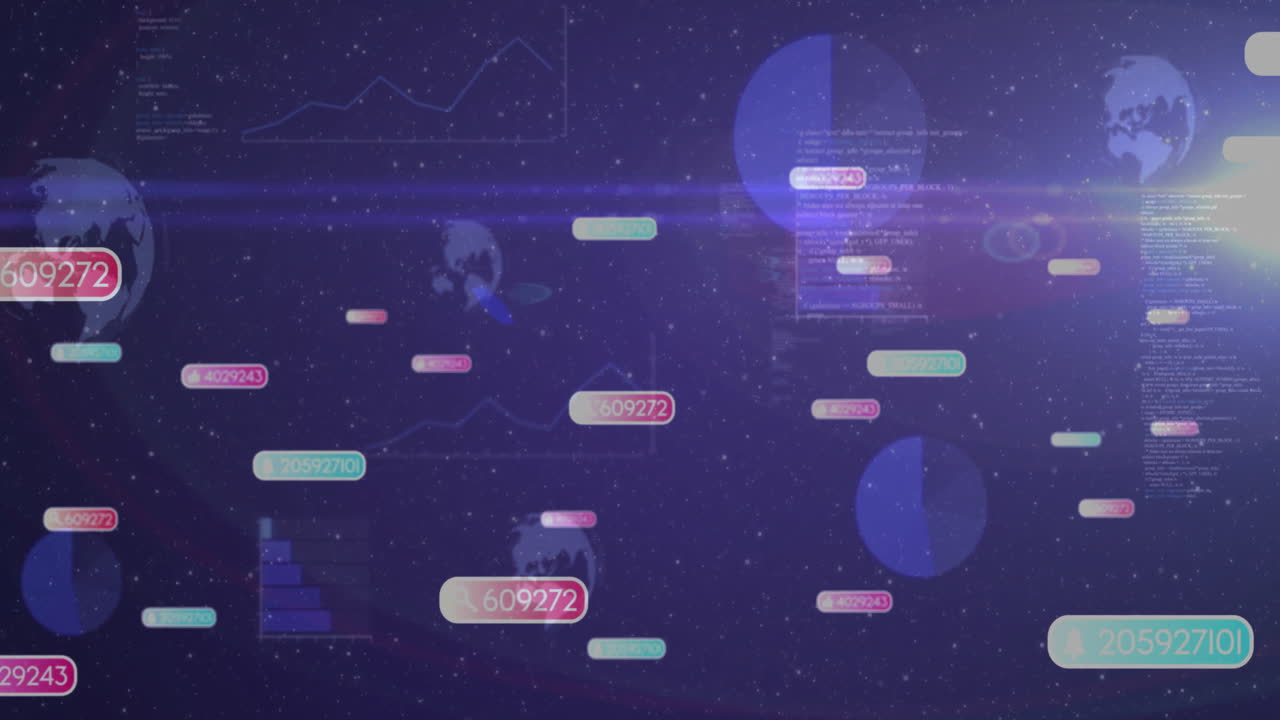 Animation of digital data points with graphs floating over space-themed background