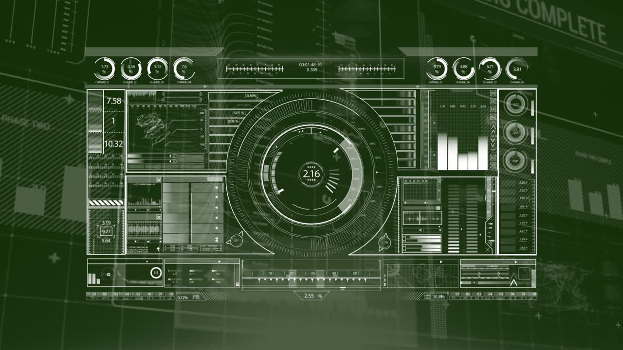 animación del procesamiento de datos y el registro de estadísticas sobre fondo verde