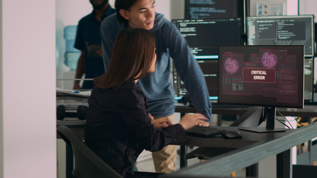 Diverse team of coders having server hacked and system crash