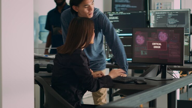 Diverse team of coders having server hacked and system crash