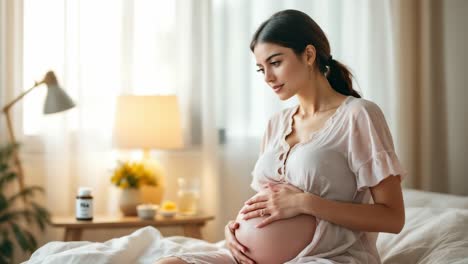 Pregnant woman sitting on bed caressing her belly, enjoying peaceful moment of maternity at home
