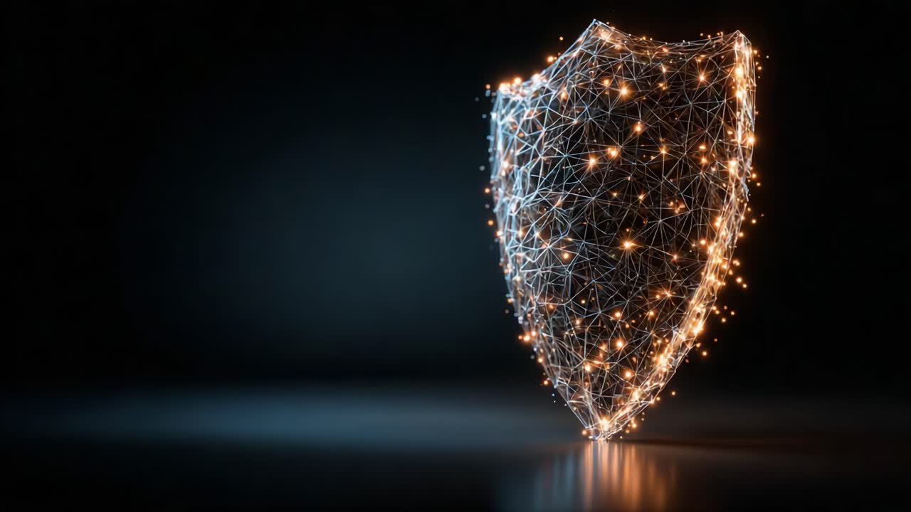 Illuminated Digital Shield: A 3D Representation of Protection and Security in the Technological Realm Displaying a Network of Light and Geometry