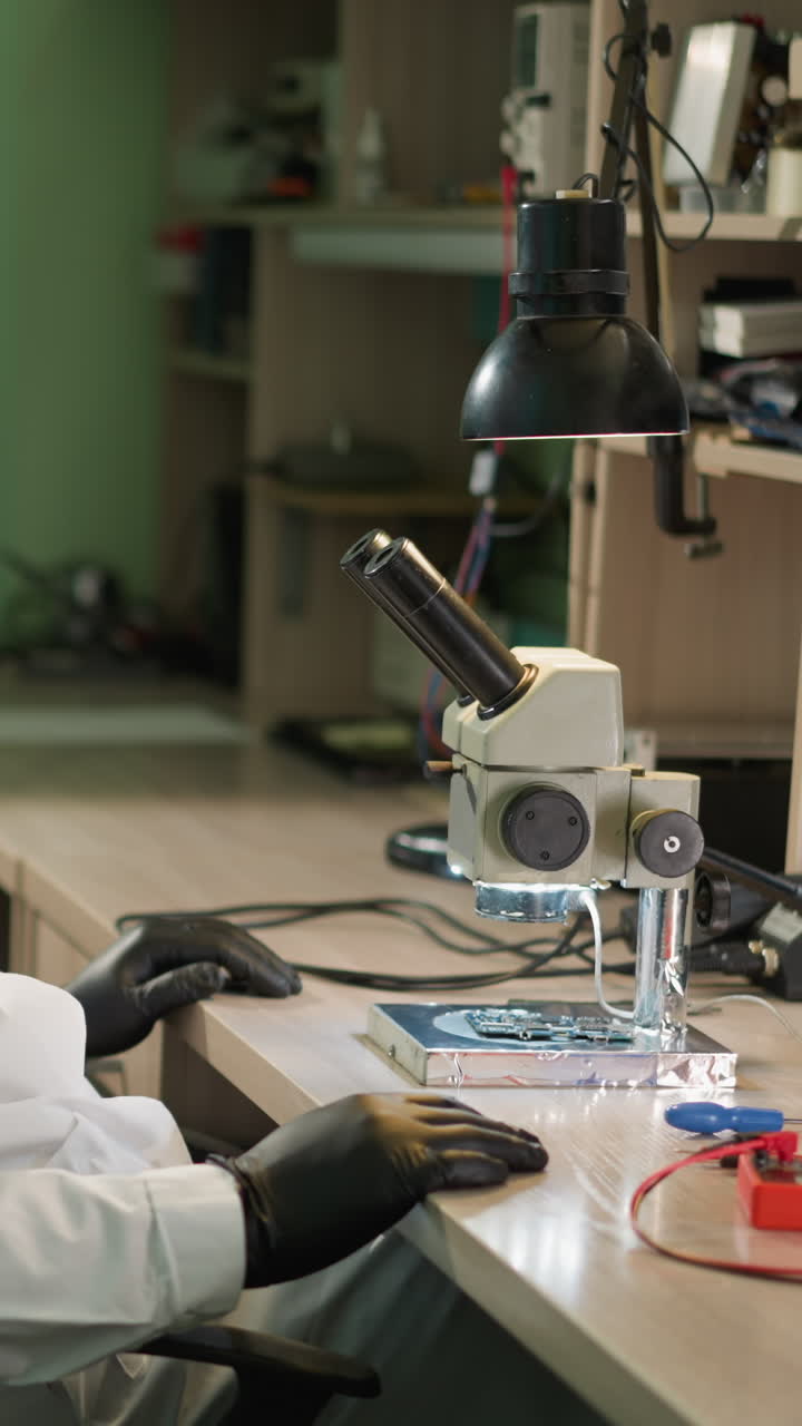 una vista cercana de un técnico en una bata blanca de laboratorio relajándose en su asiento mientras examina cuidadosamente un circuito bajo un microscopio en su laboratorio, mira hacia arriba y toca su mano en la mesa