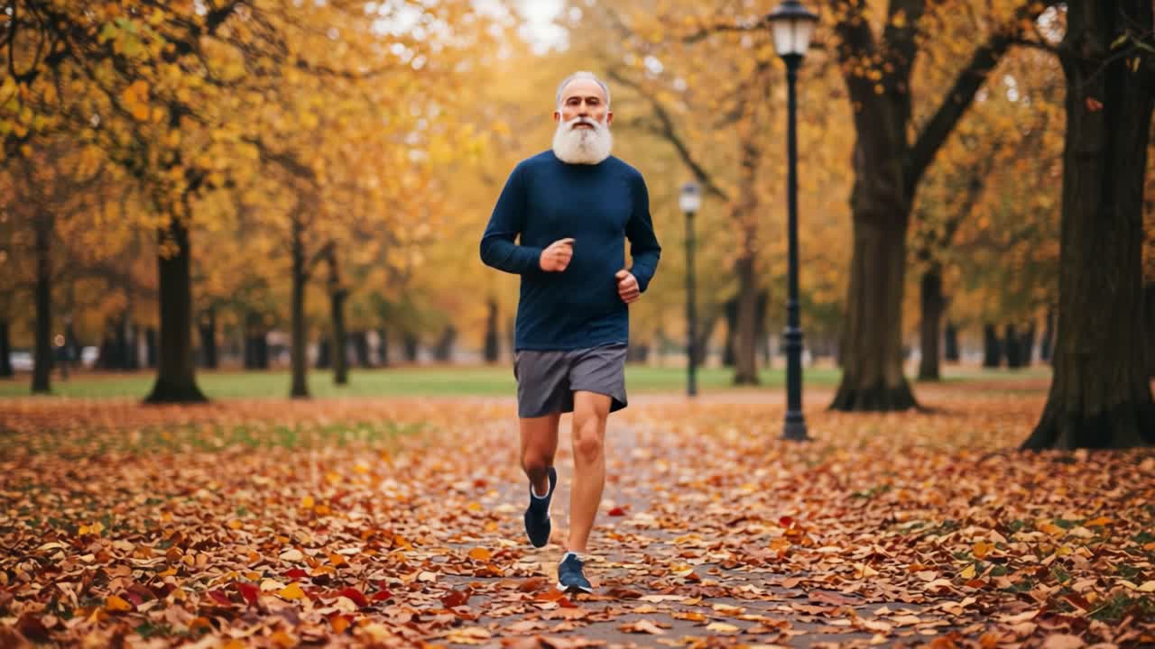 Uomo anziano con barba bianca che fa jogging in un parco autunnale