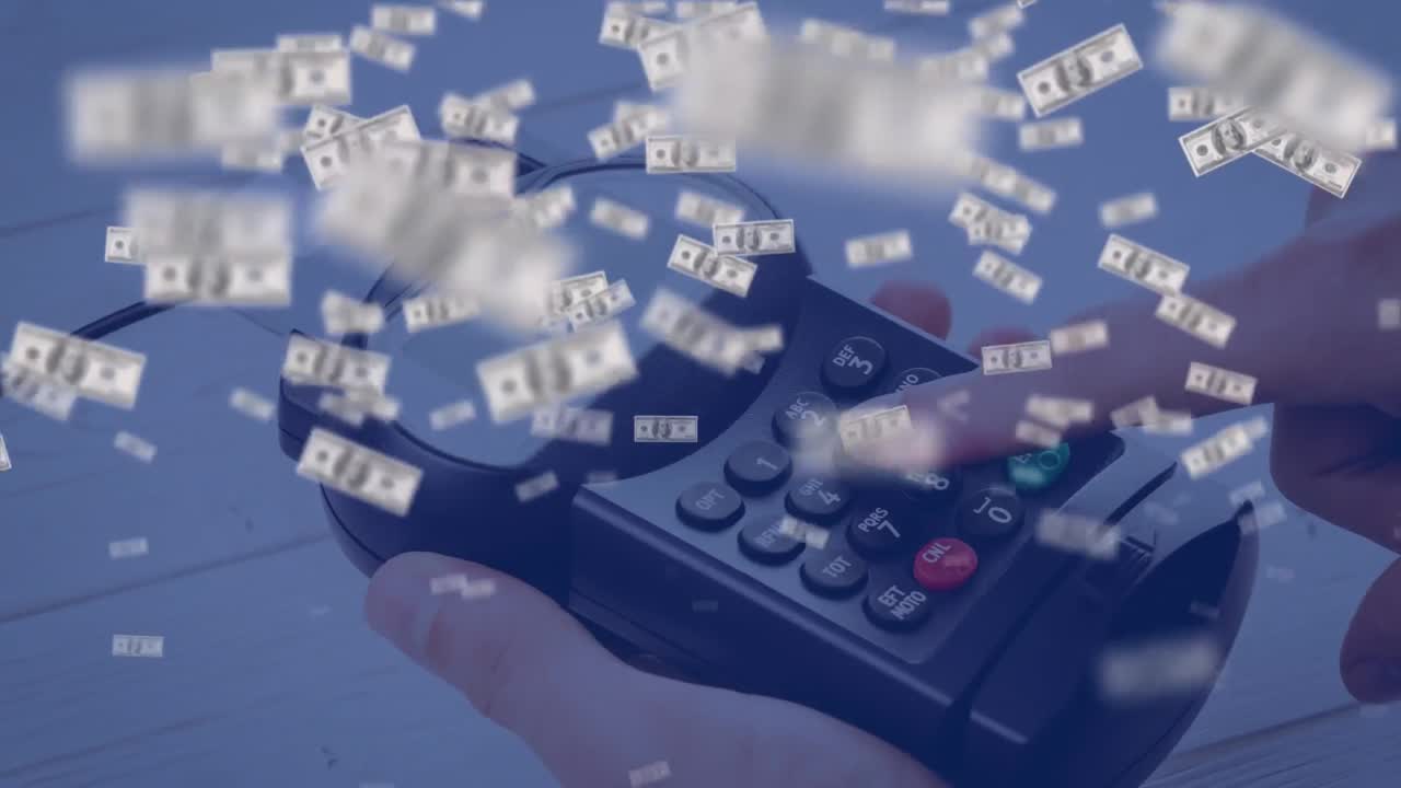 미국 달러 지폐가 결제 터미널 위로 떨어지는 애니메이션