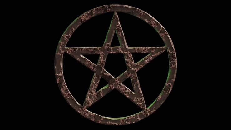 High quality dramatic motion graphic of a Satanic pentacle icon symbol, rapidly eroding and rusting and decaying, on a plain black background