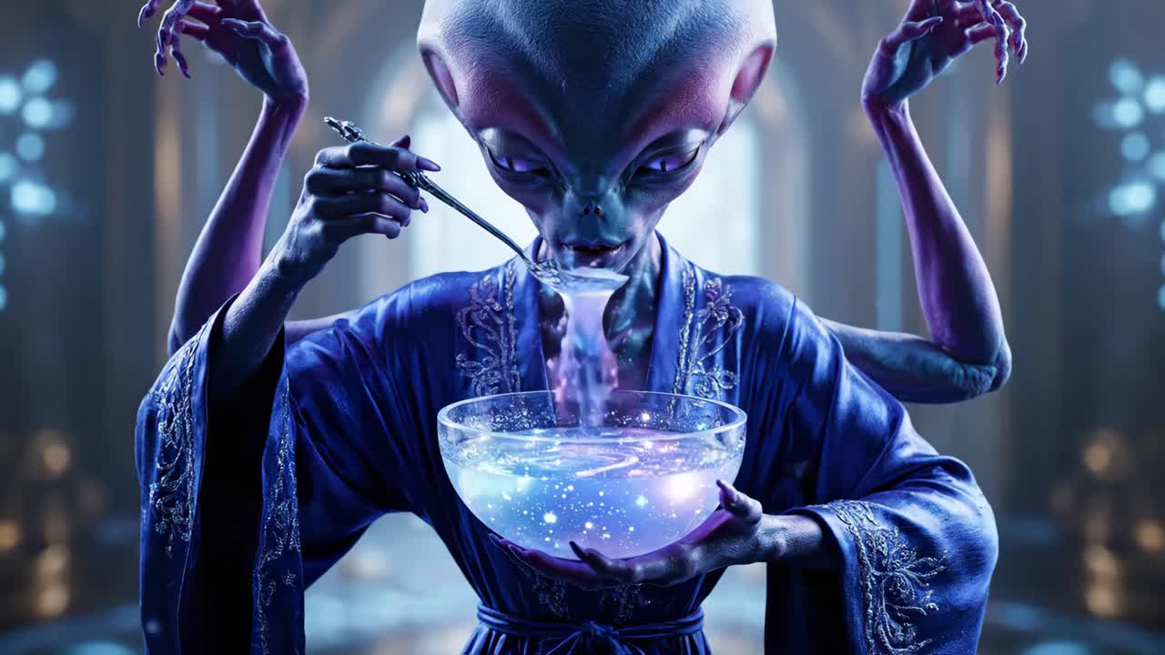 Alien nyter en bolle med galaksesuppe