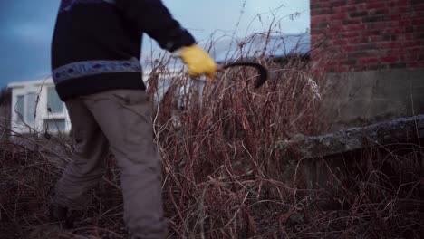 A-Man-is-Trimming-Dry,-Untamed-Grass---Close-Up