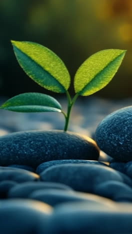 new life growing among stones at sunset. green leaves sprout from a stone amidst a collection of pebbles, illuminated by warm sunset light.