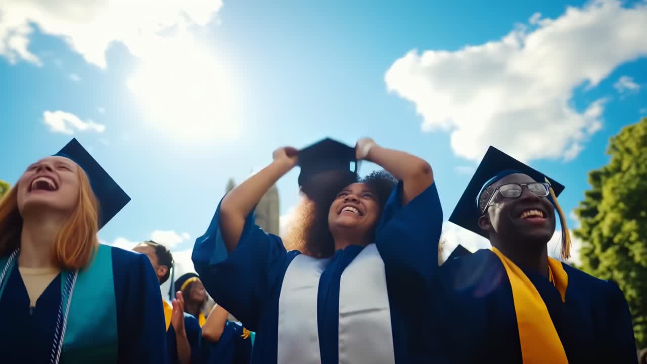 Video da angolazione bassa di laureati che lanciano con gioia i cappelli sotto un cielo blu brillante, celebrando il successo