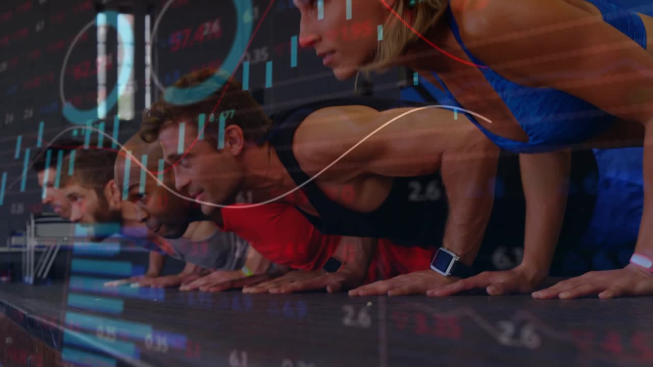 Trainingspartner beginnen eine synchronisierte Liegestütz-Routine auf einer Fitnessplattform, dabei werden Finanzdiagramme angezeigt.