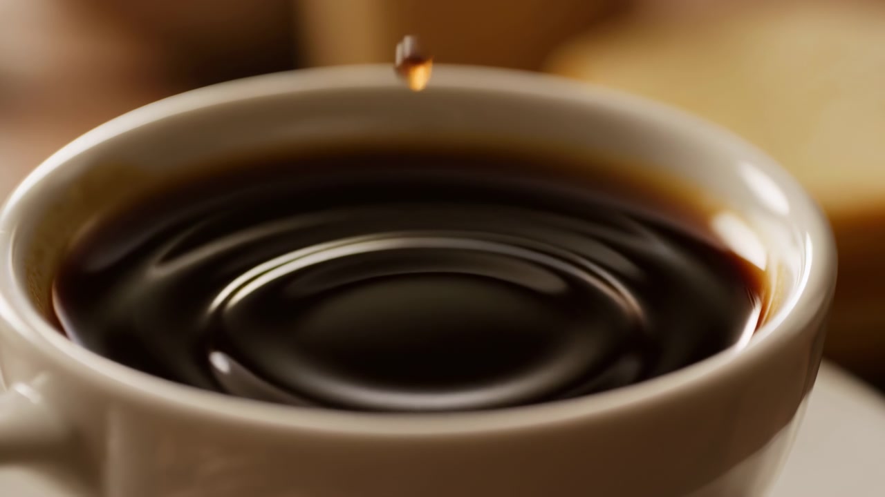 白い釉薬のかかった陶器のカップに入った濃いめに淹れたコーヒー。穏やかな同心円状の波紋と、内側の縁に沿った細いコーヒーの輪が見える。波紋は以前の乱れや水滴の衝突を示唆している。