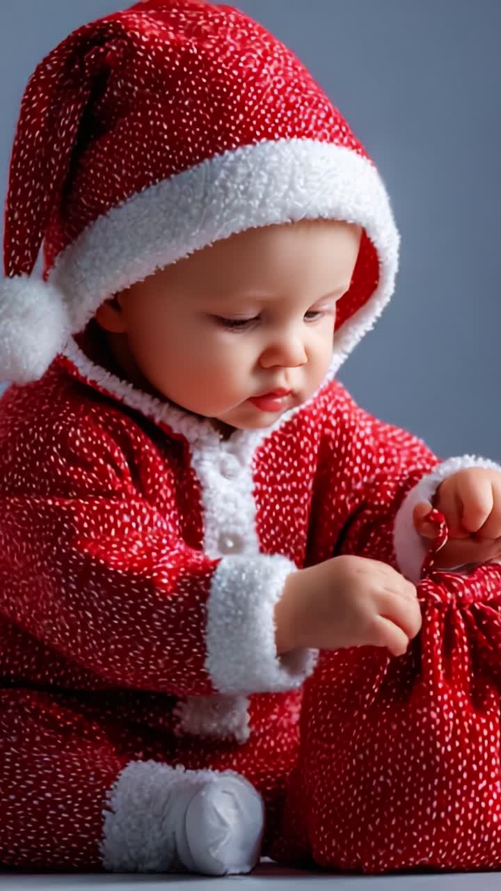 Adorable baby dressed in festive red Christmas outfit with white trim, engaged in exploring a gift bag, exuding innocence and holiday cheer, capturing the essence of childhood wonder during the festive season