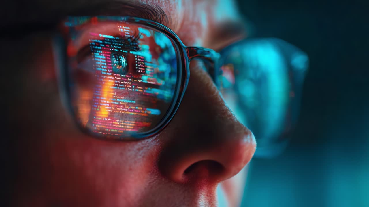 A Close-up View of a Focused Individual Analyzing Code Reflected in Their Glasses, Highlighting the Intersection of Technology and Insightful Problem Solving