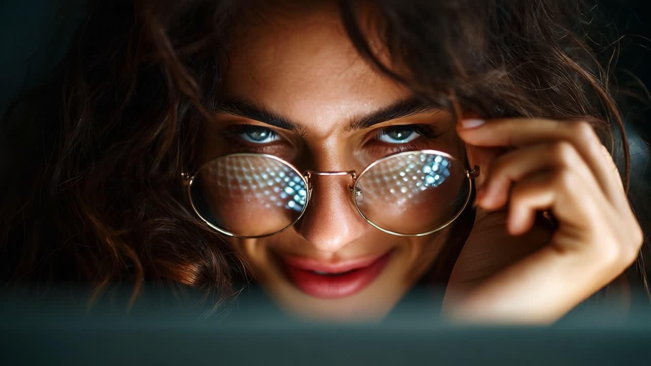 A Captivating Portrait of a Young Woman with Curly Hair, Playfully Adjusting Her Large Round Glasses, Showcasing a Mystical Smile and Expressive Blue Eyes in a Dimly Lit Setting