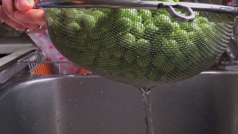 Footage-Of-Woman-Washing-And-Rinsing-Green-Peas-With-Inox-Colander-In-a-Sink-SLOW-MOTION