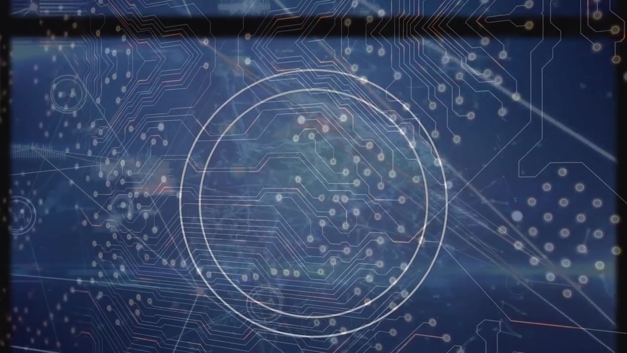 Animation of integrated circuit, connections and tape reel on navy background