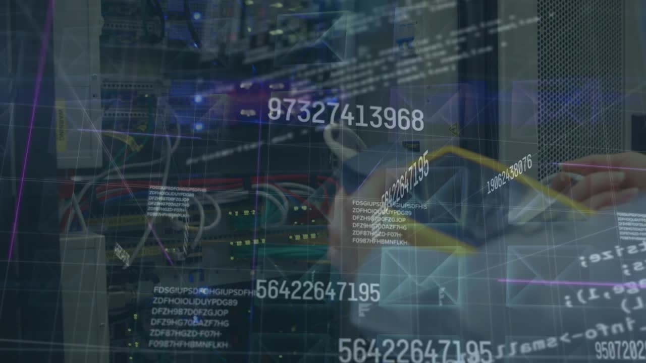 Data processing and changing numbers against mid section of engineer working in server room