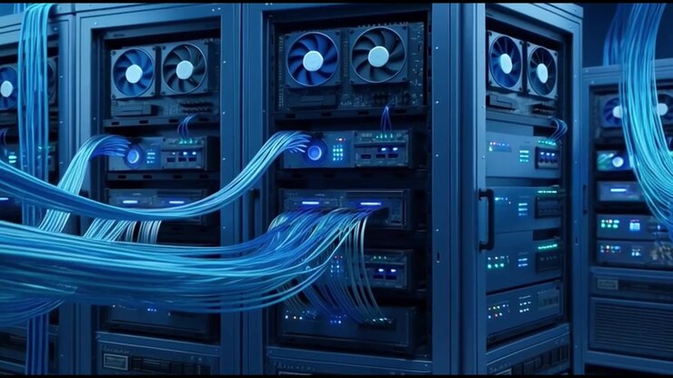 Modern Server Room with Rows of Network Equipment and Blue Cables