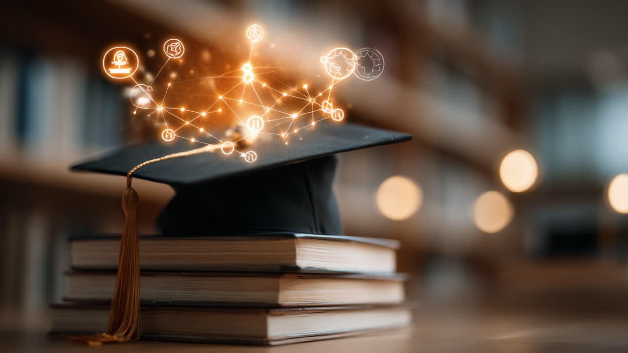 The Evolution of Learning: A Graduate Cap Surrounded by Knowledge and Digital Connectivity in an Inspiring Library Environment