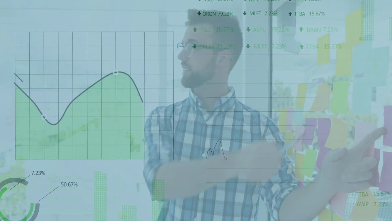Animation of graphs, trading boards over caucasian man sharing discussing with coworkers in office