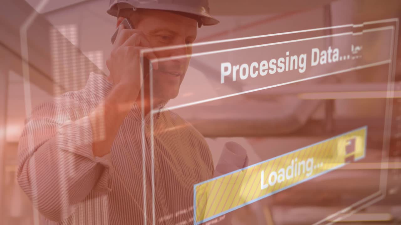 Animation of data processing on screen over architect using smartphone