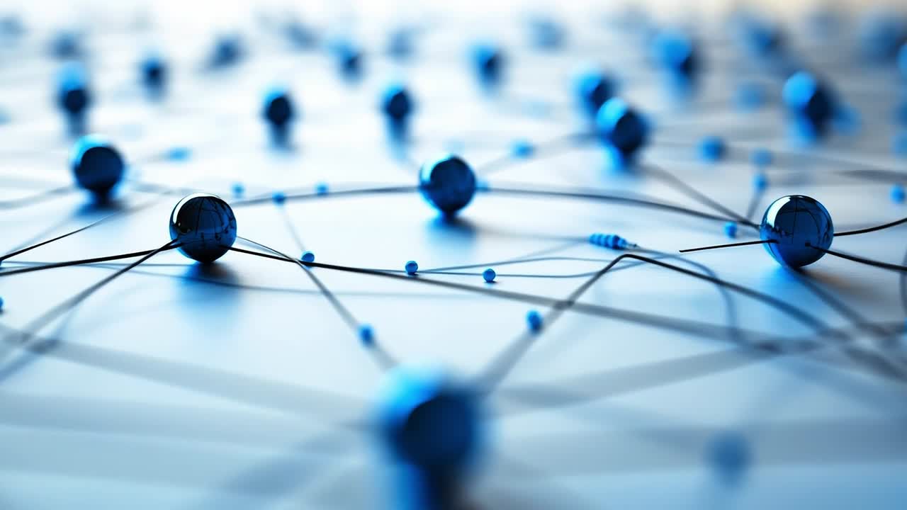 Connecting nodes in a digital network. A close-up view of blue nodes interconnected by dark lines, representing a detailed digital network structure.