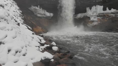 showing a waterfall and river from a low angle during a cloudy winter day