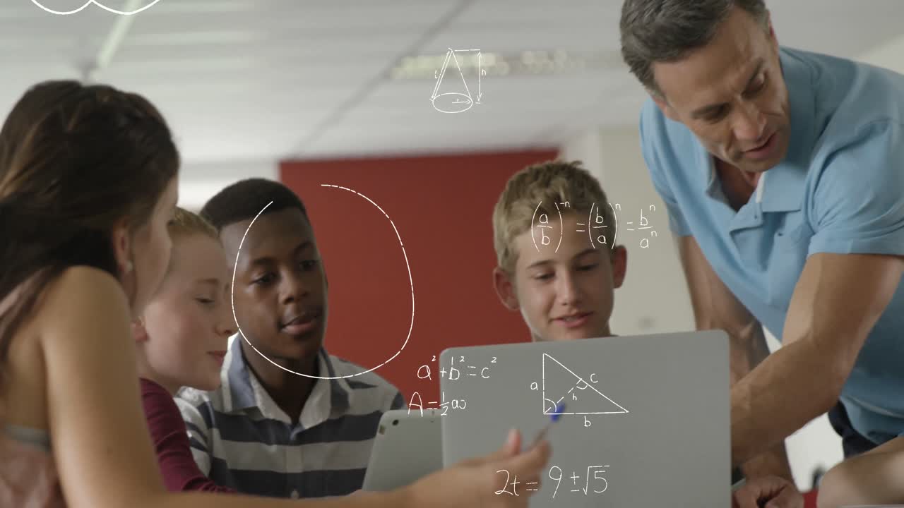 Mathematical equations floating against male teacher and students using laptop
