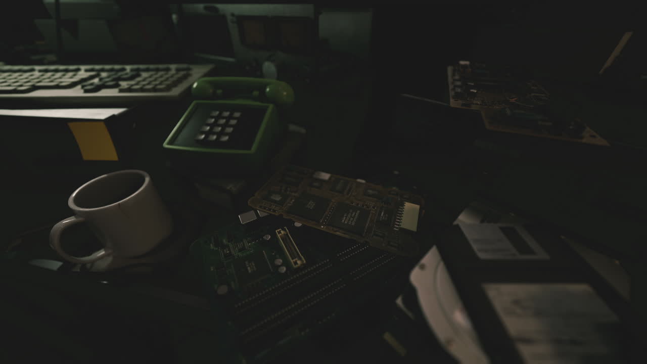 An old computer workstation cluttered with circuit boards and a coffee cup