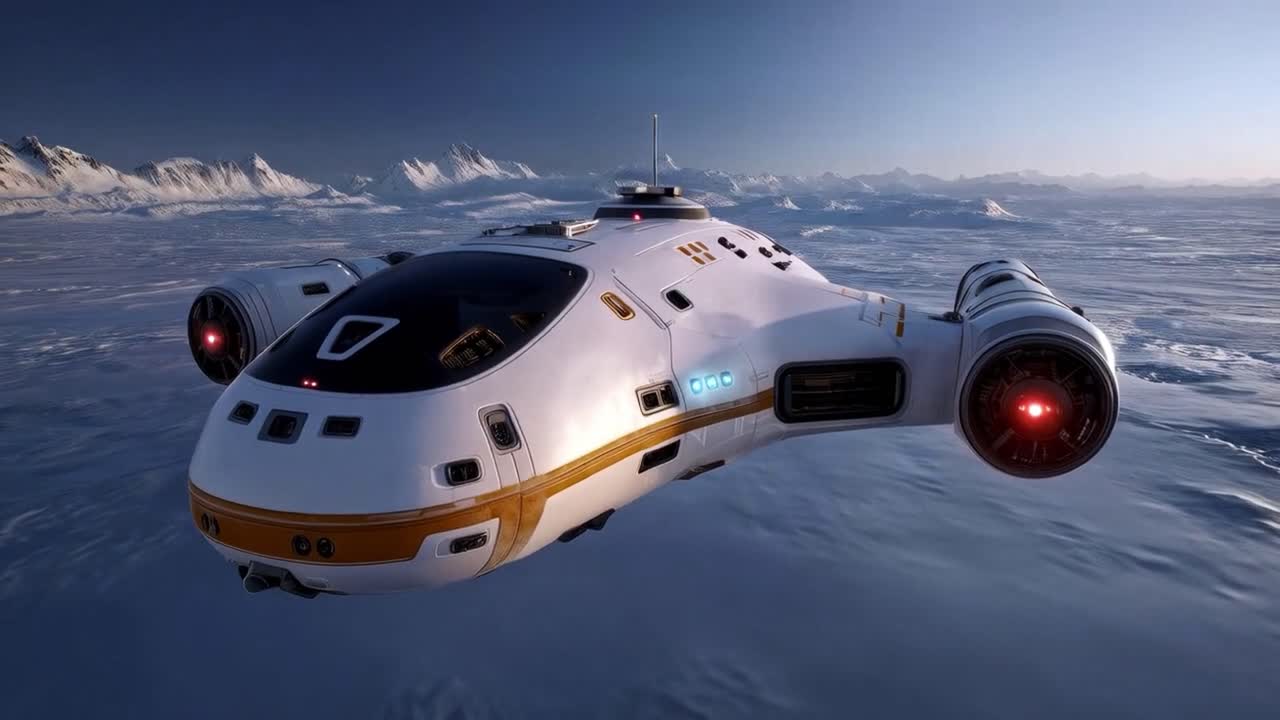 Futuristic Spaceship Over Snowy Landscape