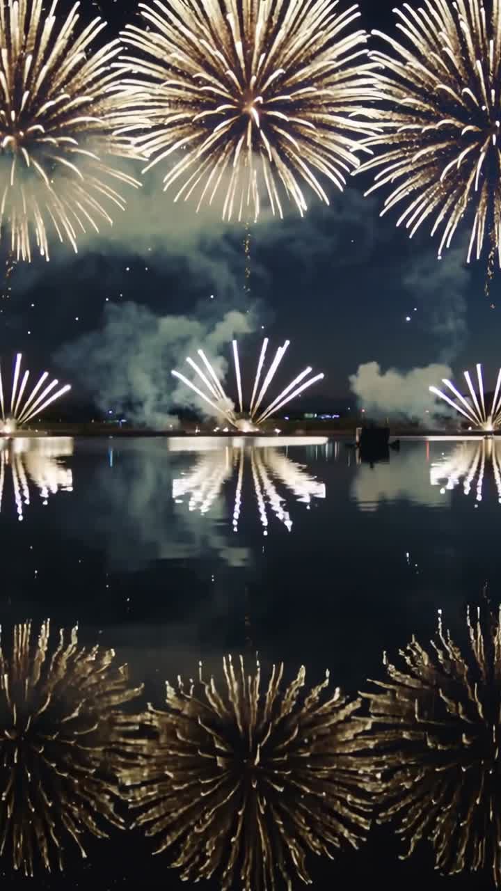 Vídeo vertical: Salvo inicial, lanzamiento de proyectiles a la orilla del lago, creando reflejos en el agua y abanicos