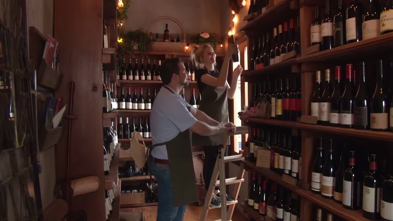People stocking wine bottles in a wine shop