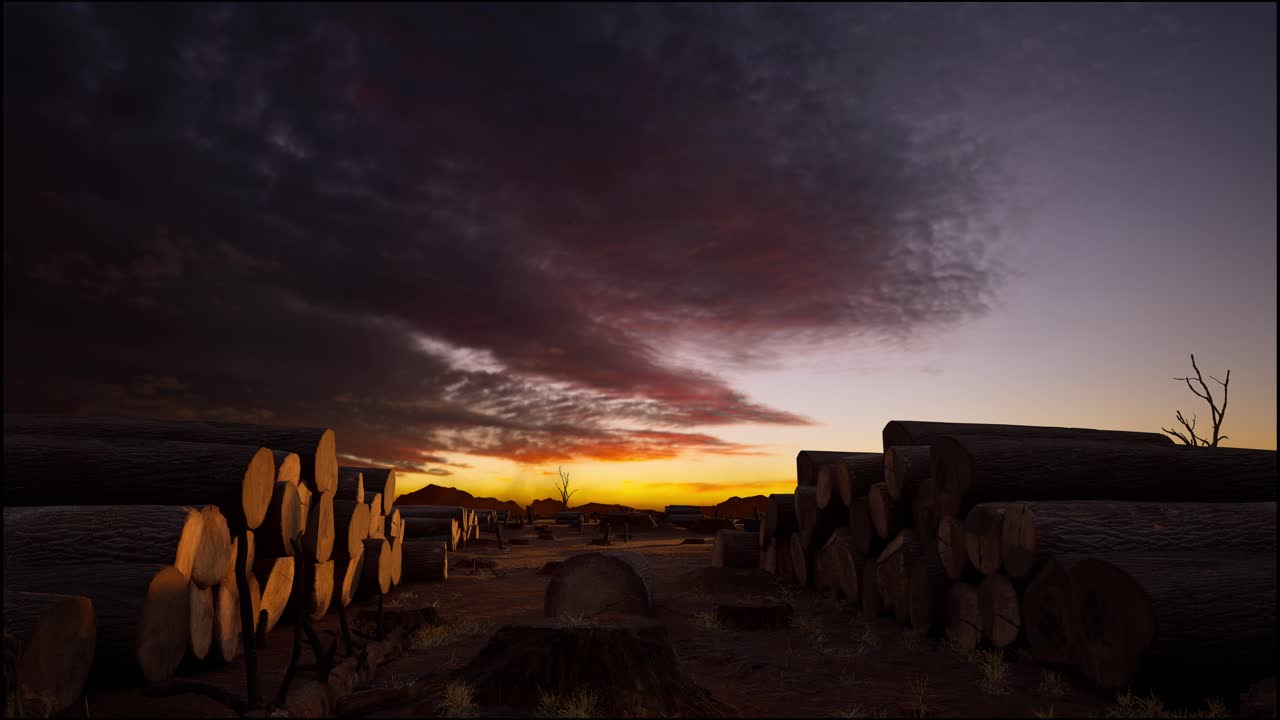 Træstubbe tilbage efter skovrydning, solnedgang