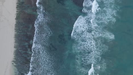 Top-down-drone-shot-over-tropical-Balangan-Beach-peninsula-in-Uluwatu-Bali-Indonesia-with-turquoise-waves-crashing-over-dead-coral-reef