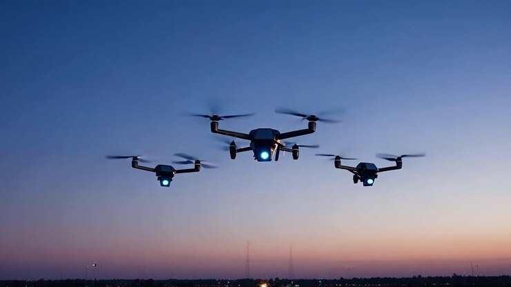 Três drones voando em formação ao pôr do sol