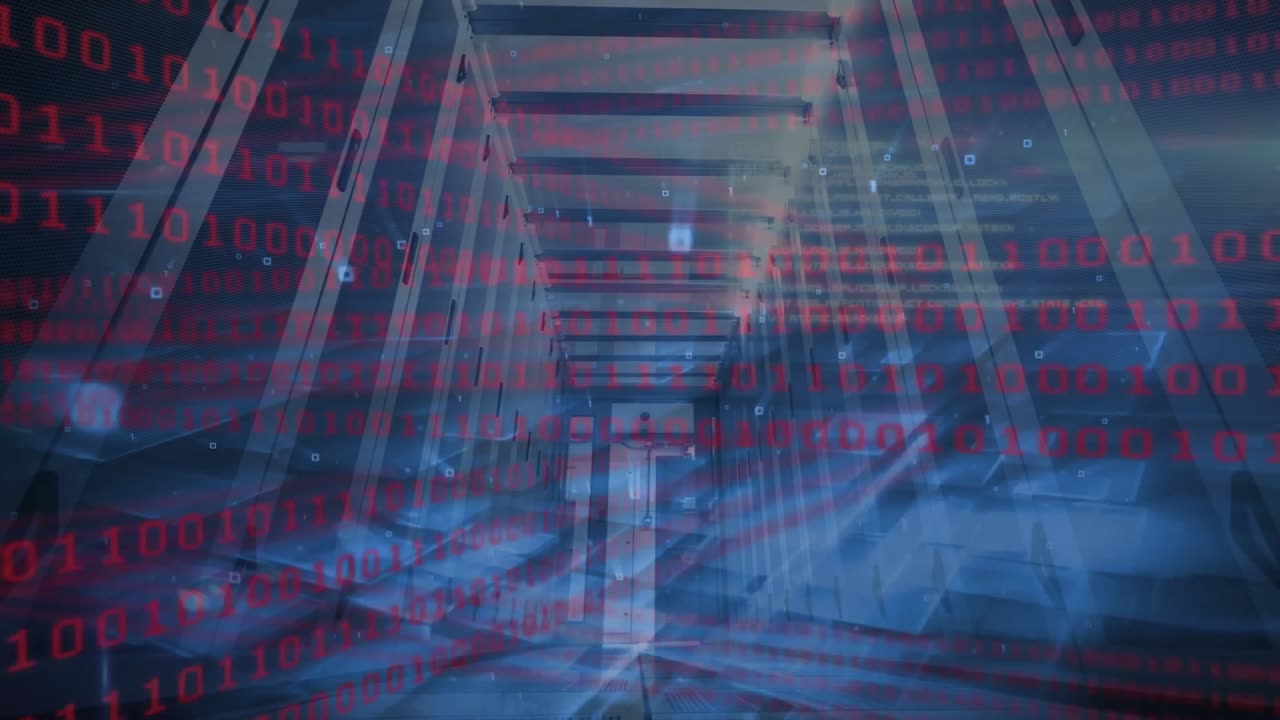 Fading red binary code starting streaming through corridor showing data flow and blue haze pulsing